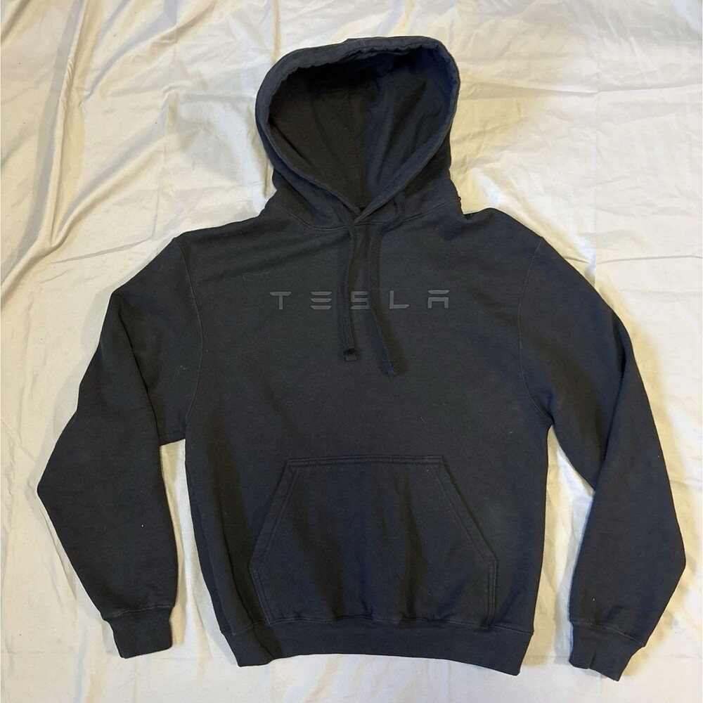 TESLA Mens Black Pockets Drawstring Pullover Hoodie Sweatshirt Small